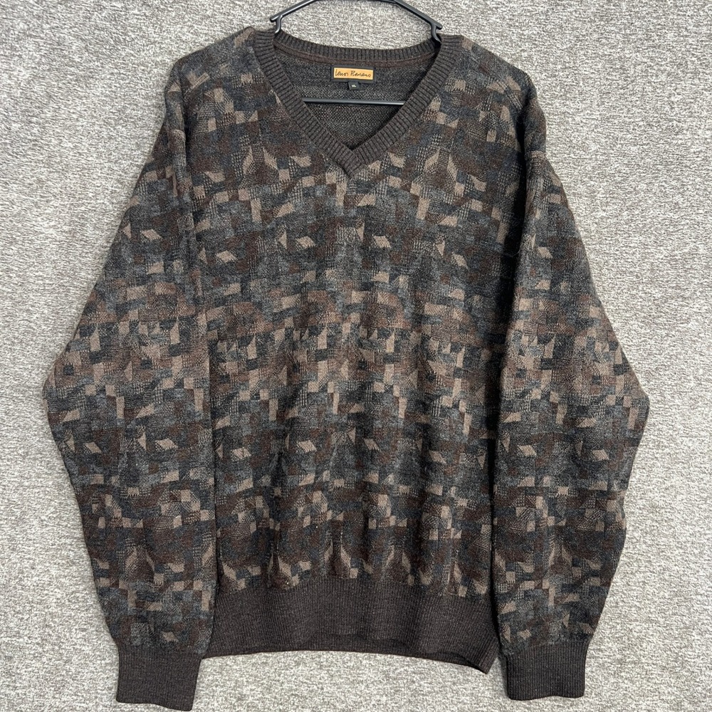 Lenos Romano Mens XL V Neck‎ Sweater Brown Geometric Extra Fine Merino Wool